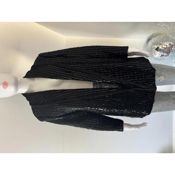 Vintage 60s Black Sequins Embellished Longline Jacket Shawl Lapel Satin Lining - Picture 1 of 7